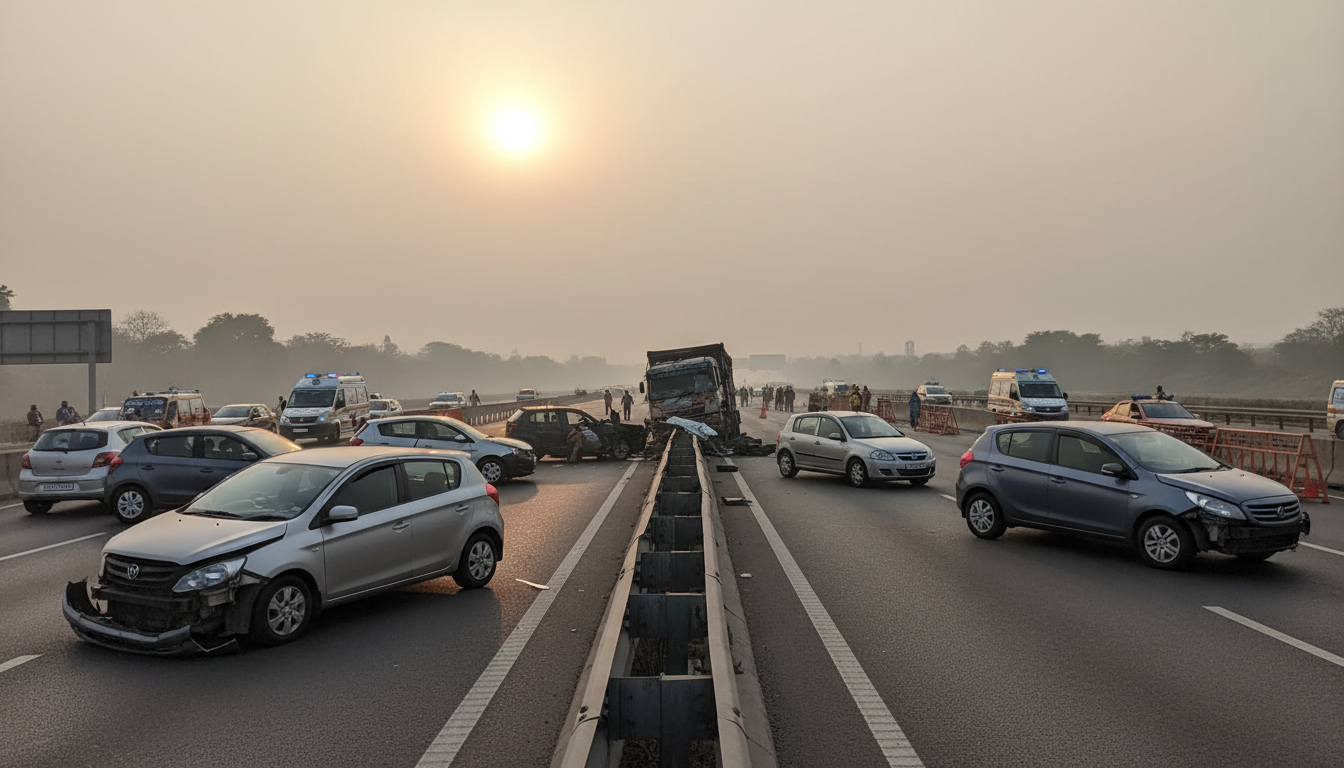 Two fatalities and twelve injuries occurred in a multi-vehicle collision on the Pune-Bengaluru Highway. 